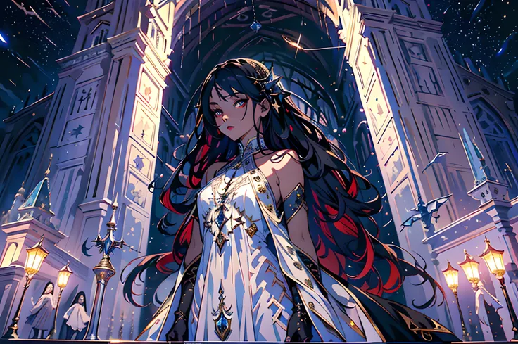 a picture of an exquisite beautiful female vampire standing under the starry night sky on the porch of her castle, dynamic angle (ultra detailed, Masterpiece, best quality), ultra detailed face (ultra detailed, Masterpiece, best quality), ultra feminine, d...