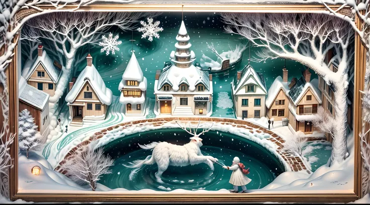 A charming European village in winter, snow-covered rooftops and cozy cottages, people ice-skating on a frozen pond, a heartwarming and nostalgic ambiance, Paper-cut art, layers of white paper creating the snowy landscape and intricate details,