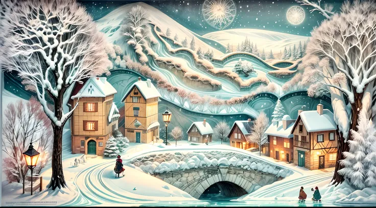 A charming European village in winter, snow-covered rooftops and cozy cottages, people ice-skating on a frozen pond, a heartwarming and nostalgic ambiance, Paper-cut art, layers of white paper creating the snowy landscape and intricate details,