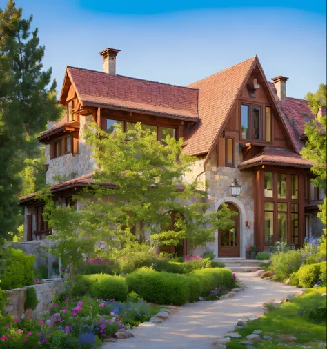 MOUNTAIN HOUSE, MEDICAL STYLE, ArchDaily, bokeh. CANON. STONE WALL. RED TILE. pine trees behind the house.realistic PHOTO.wooden house with stone, car, few people standing in the yard, french windows, vines on the wall. arch door. french garden landscape. ...