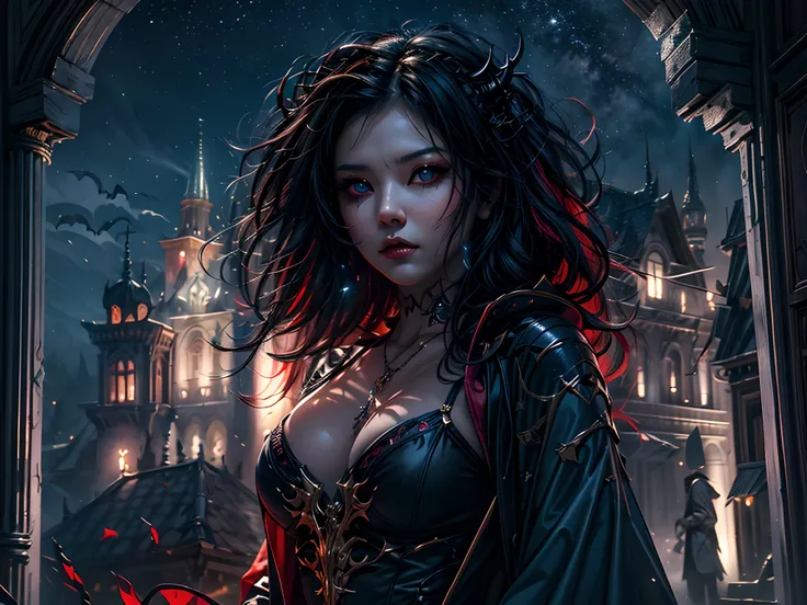 a picture of an exquisite beautiful female vampire standing under the starry night sky on the porch of her castle, dynamic angle (ultra detailed, Masterpiece, best quality), ultra detailed face (ultra detailed, Masterpiece, best quality), ultra feminine, d...