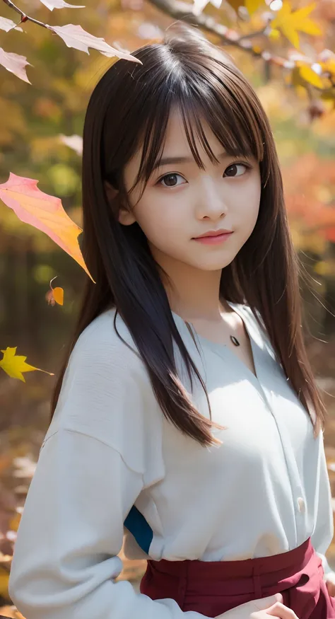 (top-quality、​masterpiece:1.2)、Best Quality、realisitic、photoshot、hight resolution、1080p、8K、Textured skin、Physical Rendering、1 Japan Girls、a junior high school student、kawaii、Young Face、Rolled hair、(Autumn outfit:1.5)、Colored leaves、full of shyness、smil、Big