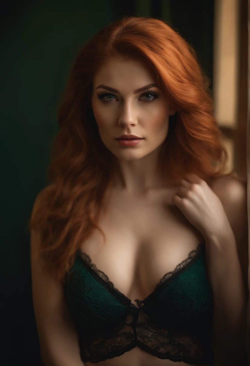 professional, (4k photo:1.1) by (Jeremy Lipking:0.3), (Dittmann Anna:0.3), (Arian Mark:0.3), (Sharp focus:1.3), high detail, wearing (sensual lingerie:1.2), beautiful detailed face, an attractive woman with long red hair looks into the camera, looking like...