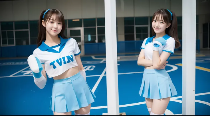 18-year-old cheergirl in a light blue miniskirt