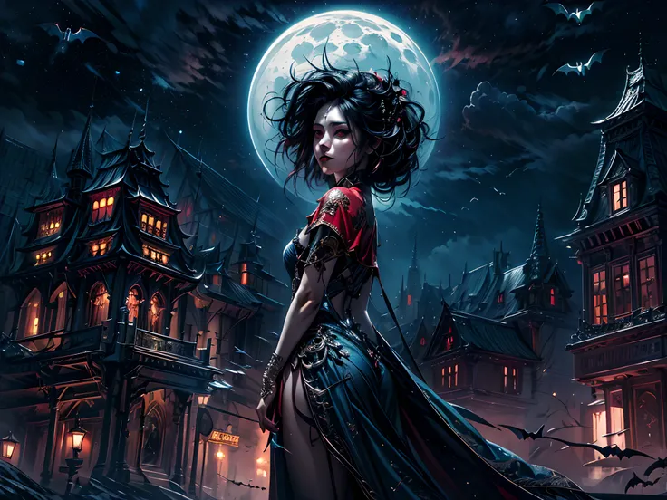 a picture of an exquisite beautiful female vampire standing under the starry night sky on the porch of her castle, dynamic angle (ultra detailed, Masterpiece, best quality), ultra detailed face (ultra detailed, Masterpiece, best quality), ultra feminine, b...