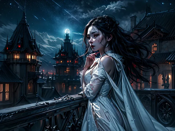 a picture of an exquisite beautiful female vampire standing under the starry night sky on the porch of her castle, dynamic angle...