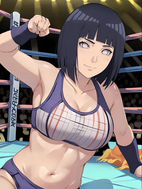 anime style, wrestling ground, (hinata(boruto), (female wrestler), (slender body), mature woman, milf, (bikini, pro wrestling gear) victorious, gorgeous, winner, kind face, smile, closed mouth, pale skin, (dark blue hair color:1.1), wavy hair, ((short hair...