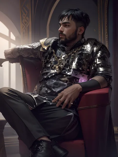 Change this background kings Kingdom, ultra realistic graphics, 4k graphics, intelligent analysis on face, high quality picture, king sitting on butiful throne, change this coscum kings coscum,black hair