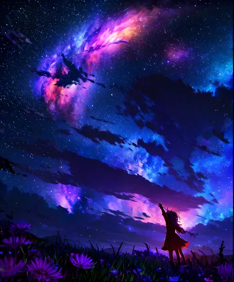 describe a scene where a cute girl character is lying on a grassy hill, looking up at the starry sky. surround her with colorful...