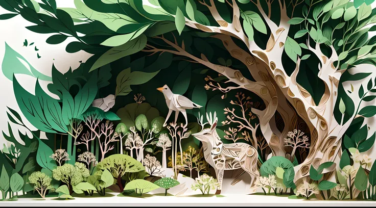 An enchanting forest scene, where every tree, leaf, and woodland creature is meticulously crafted from paper, dappled sunlight revealing the delicate layers and textures of this paper world, Paper-cut art, precision cutting to create lifelike organic forms