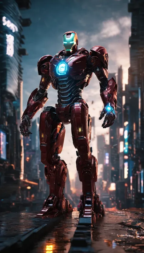 Iron man style babysitter ，(masterpiece,extreme detailed,top quality)，majestic-looking，Forward stance，Stunning colors，Set in a futuristic cyberpunk style city，the street，crowd of，（Movie lighting），（light and shadow effect），（unreal-engine），（Tyndall），（cinema4...