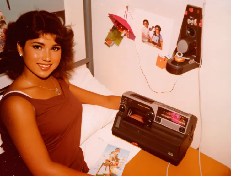 there is a woman sitting at a desk with a laptop, an 80s bedroom, circa 1982, photo from the 80s, Acerca de 1 9 8 4, Acerca de 1 9 7 9, Foto del 7 0 s, photo from the 70s, selena quintanilla perez, Foto de los 80, 8 0 s Foto Polaroid