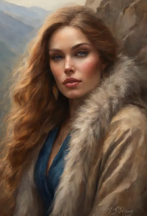 chrrblssm (sharp focus:1.2), photo, attractive young woman, (beautiful face:1.1), detailed eyes, luscious lips, (smokey eye makeup:0.85), wearing (fur coat:1.2) on a (cliffside:1.2). (moody lighting:1.2), depth of field, bokeh, 4K, HDR. by (James C. Christ...