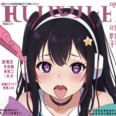 (Masterpiece),(Best quality),((MagazineCover)),(Colorful),(focus onface),1girll,intricately details,((ahegao)),Blush,(Tongue stock),((Star-shaped pupils)),(Purple eyes),Long hair,(Black hair),bangs,Floating hair,(Earphone),(White background)