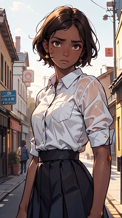 1 girl, (dark brown skin tone:1.4), very short hair, black eyes colour, mole down the right eye, School girl outfit, Cold expression, depressed, dominant aura, (high quality, masterpiece, extremely detailed:1.2), (Realistic, photorealistic:1.2)