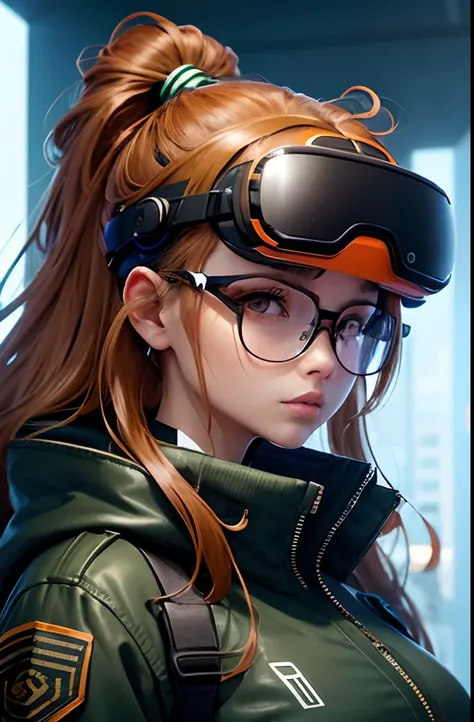 Woman wearing very big futuristic VR goggles on her head, the hair on the head is dark brown, The hair on the head is tied into one, big eye、the eyes are orange, Large black-rimmed glasses, Freckles on the cheeks, Please wear an army green color flight jac...