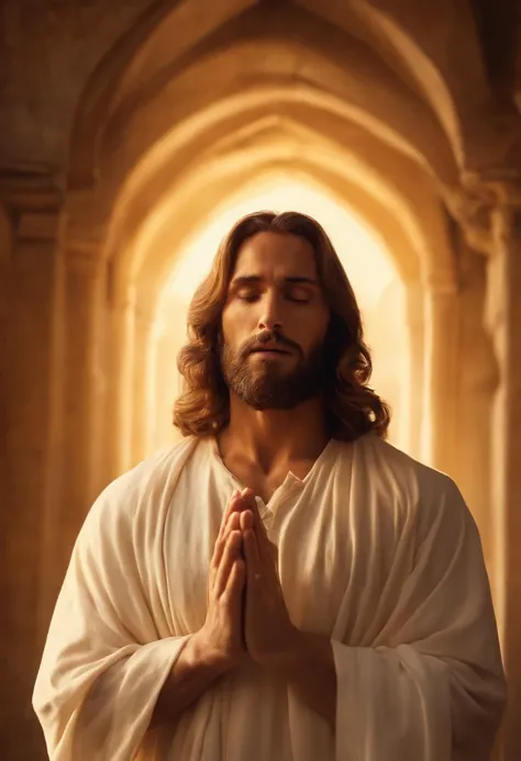 Jesus, dress with white tunics, hands in prayer position, with an aura of golden light over his head, staring directly at camera