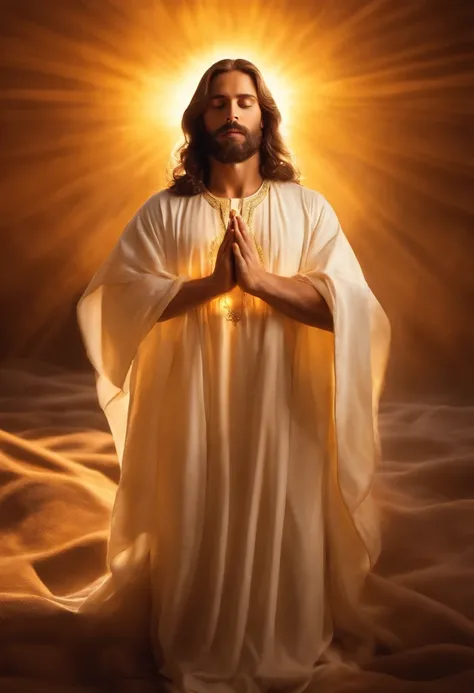 Jesus, dress with white tunics, hands in prayer position, with an aura of golden light over his head, staring directly at camera