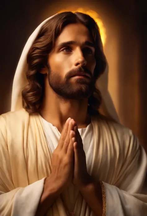 Jesus, dress with white tunics, hands in prayer position, with an aura of golden light over his head, staring directly at camera