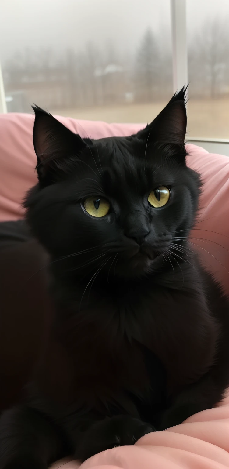 there is a black cat that is laying down in a bed, black cat taking a selfie, black cat, photo of a cat, is looking at the camera, very silly looking, smudge, looking towards the camera, portrait of ((mischievous)), vampire cat, smoky, smokey, cute furry n...