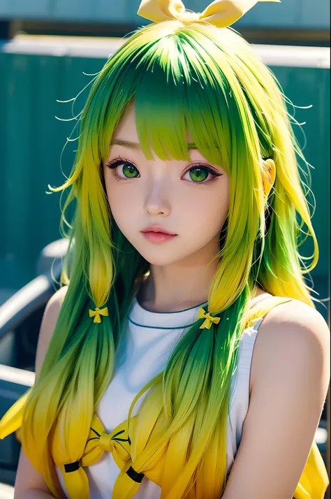 (banchan anime 1girl : 1.0), green eyes, (green hair_0.5), (yellow hair_0.9), (ombre hair_0.4), (banana hair bow_0.9)