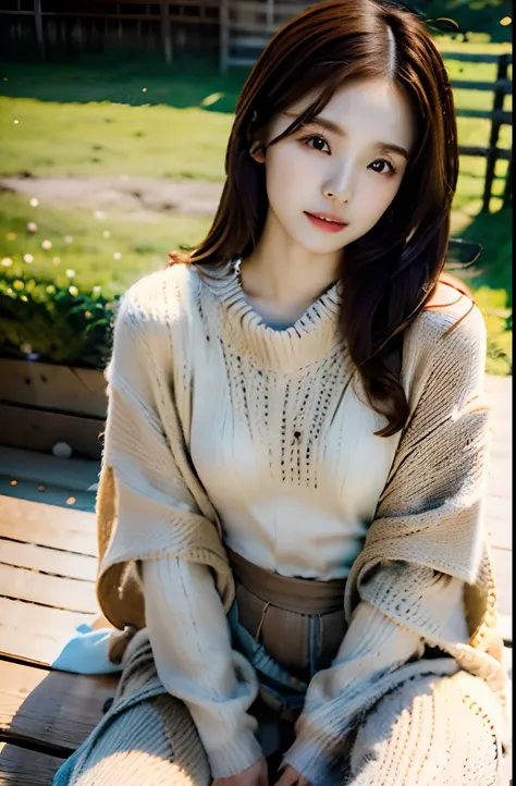 top-quality、masutepiece、8ｋ、parfect anatomy、16-year-old girl,brown haired, Brown eyes, Natural look sitting cross-legged on wooden pier, Dressed in a scruffy brown poncho, trouser, Bare legged, male child, Tree behind々And cloudy skies