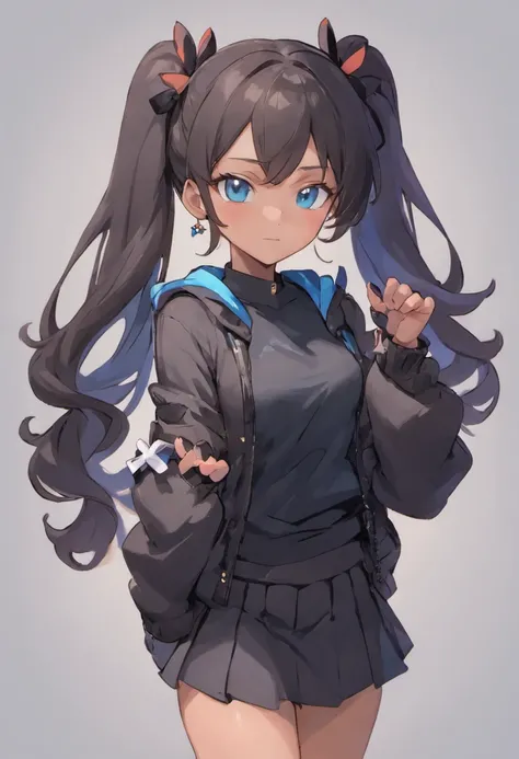 (masterpiece, best quality), teenage girl, calm expression, delicate and tough, beautiful, dark tan skin, really long black wavy hair with two small half buns, soft blue eyes, wearing a black jacket, one ribbon on each side of the sleeves, wearing a plain ...