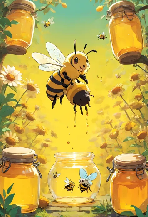 Erstellen Sie eine Illustration, in which bee-like creatures feast on honey jar. Imagine these bee-like creatures, die den honig mit ihren winzigen Beinen halten und es begeistert verschlingen, (honig)