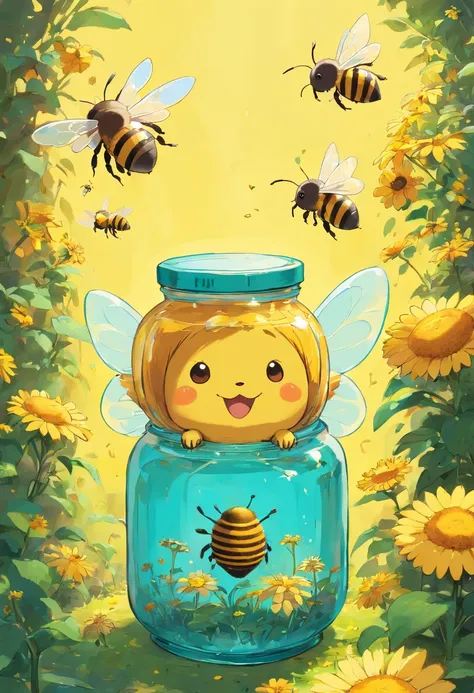 Erstellen Sie eine Illustration, in which bee-like creatures feast on honey jar. Imagine these bee-like creatures, die den honig mit ihren winzigen Beinen halten und es begeistert verschlingen, (honig)