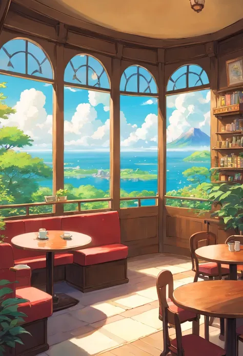 Cafe, coffee table and a large window, interior background art，style of anime