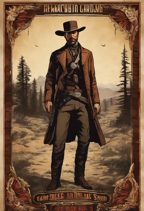 Full body picture of  A dangerous outlaw gunslinger from Red Dead Redemption 2, wearingblack leather coat,suit vest,clean shaven,no beards,detailed portrait, vintage illustration, high-res, realistic colors, intricate drawing, vibrant colors, dramatic ligh...