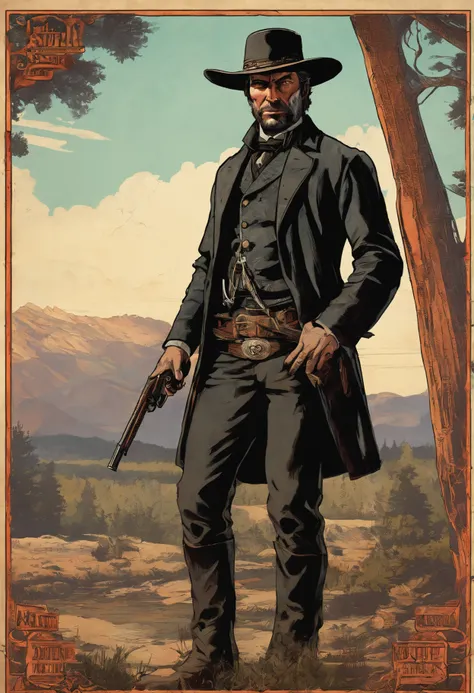 Full body picture of  A dangerous outlaw gunslinger from Red Dead Redemption 2, wearingblack leather coat,suit vest,clean shaven,no beards,detailed portrait, vintage illustration, high-res, realistic colors, intricate drawing, vibrant colors, dramatic ligh...