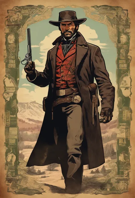 《Red Dead Redemption 2》Full body picture of a dangerous illegal gunman, Wearing a black fur coat,suit vest,clean shaven,without a beard,Detailed portrait, Vintage illustration, High-res, Realistic colors, intricate drawing, Vibrant colors, Dramatic lightin...