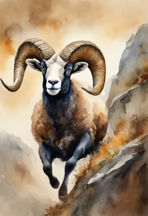 A ram jumps off a steep-walled cliff behind him，This is followed by a flock of sheep jumping down。Close-up of the first ram。The lens is tilted。