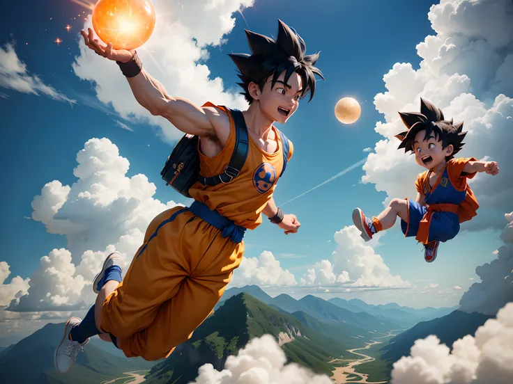 Goku, dressed in his iconic orange and blue training gi, stands atop a lush, rolling green hill. In one hand, he holds a small four-starred orange Dragon Ball, his trademark grin lighting up his face. Hes ready to board his beloved yellow Flying Nimbus, a ...