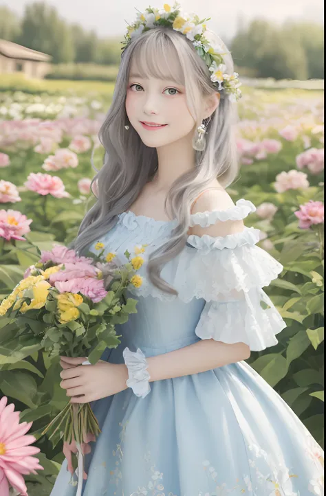 (​masterpiece、top-quality、illustratio、Extremely high quality、high-level image quality、Extremely sensitive writing)Girl with long silver hair standing in beautiful flowery garden、A slight smile、She has a large bouquet、Cute national costume style dress with ...