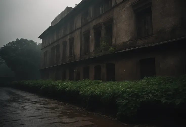 (World)，The city is dilapidated.，Plants climb all over the wall. ，nighttime，heavy rain，Black Rain，Fog，Fog，The road is dilapidated.，Dim alleys，（Dark light），souvenir，(The building is dilapidated.)，(Uninhabited city)