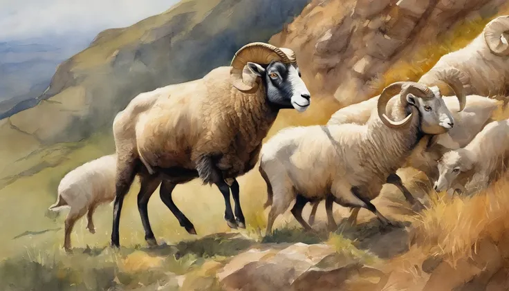 A ram jumps off a steep-walled cliff behind him，This is followed by a flock of sheep jumping down。Close-up of the first ram。The lens is tilted。Low resolution enhances suspense style。