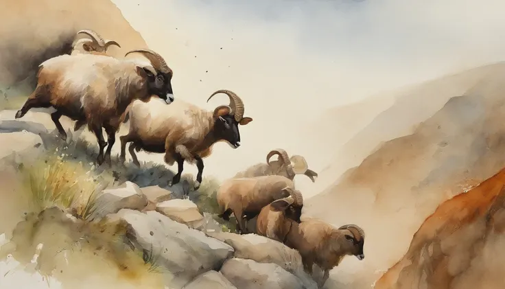 A ram jumps off a steep-walled cliff behind him，This is followed by a flock of sheep jumping down。Close-up of the first ram。The lens is tilted。Low resolution enhances suspense style。