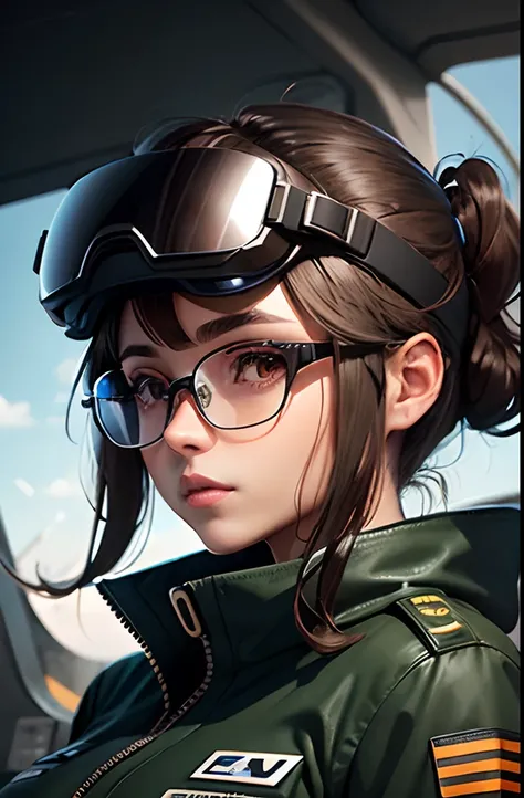 Woman in pilot uniform,  Wearing very large futuristic VR goggles on your head, the hair on the head is dark brown, The hair on the head is tied into one, Big eyes、the eyes are orange, Large black-rimmed glasses, Freckles on the cheeks, Please wear an army...