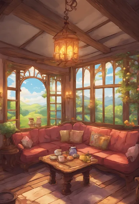 Cafe, coffee table and a large window,style of anime