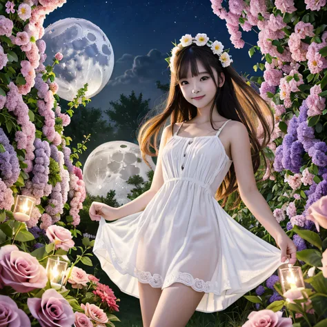 Best Quality, high_resolution, Distinct_image, Detailed background ,girl, White Flare Chiffon Short Dress,flower,garden,Moon, Night,