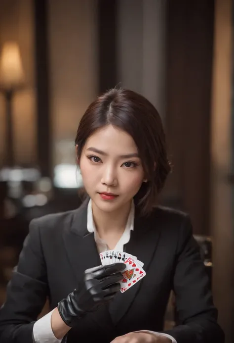 A young Japanese woman with a black suit up to a shirt and playing cards with black leather gloves on both hands