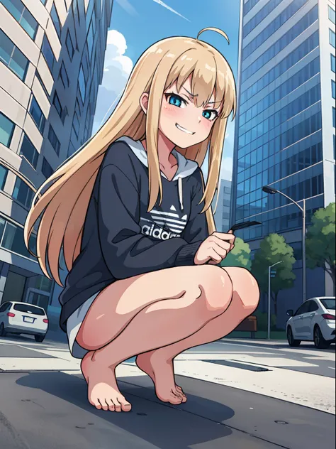 hiquality, tmasterpiece (One teenage girl,) hooligan, smirk, Long, disheveled, Unkempt blonde hair. The eyes are blue., Long bangs, adidas Dark Clothing. white panty. bare feet. Squatting. Against the background of the entrance of a high-rise building.