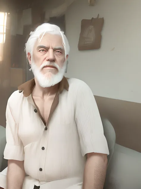 A old man sitting, with white hair and beard, change background, funky hairstyle, sunlight, realistic, hyper realistic, 8k