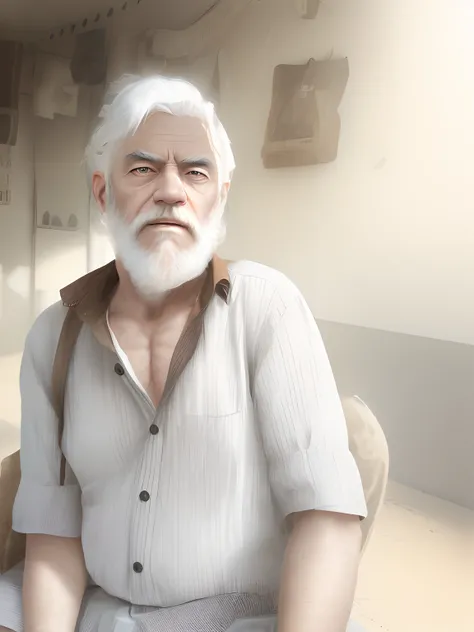 A old man sitting, with white hair and beard, change background, funky hairstyle, sunlight, realistic, hyper realistic, 8k