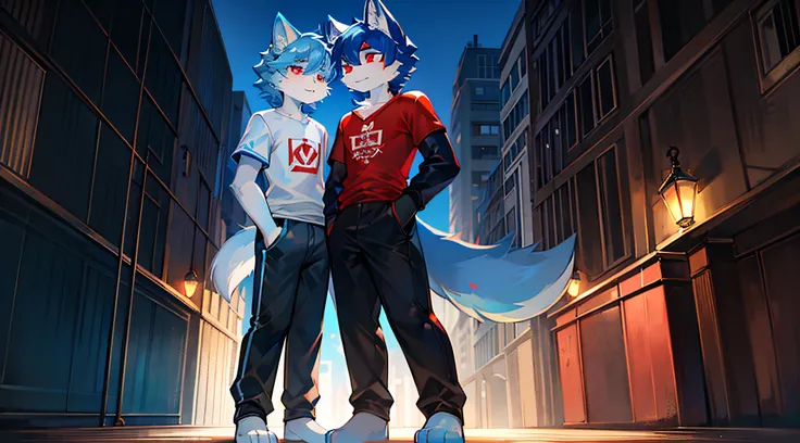 Big blue and white tail,White and blue hair,Blue and red eyes,Red pattern T-shirt, Black pantsuit,Fluffy fur,feline,Large ears, Boy student,adolable,Fur details,White and blue fur，coyote，standing on your feet, the street，Be red in the face，being thin