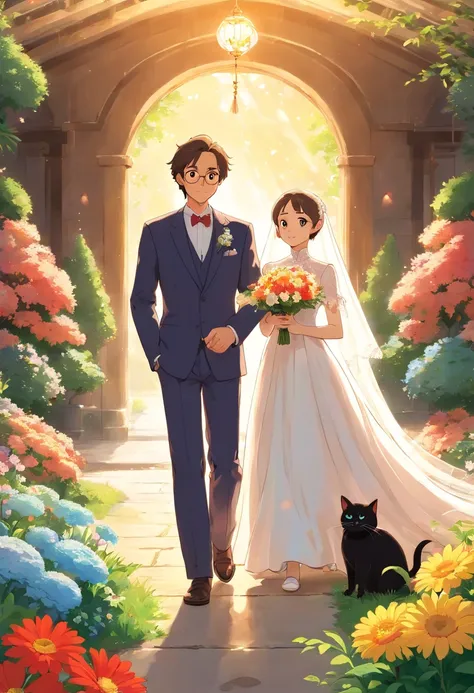 （Poster design）A wedding poster，The bride and groom hold a Siamese cat，fresh flowers，rays of sunshine