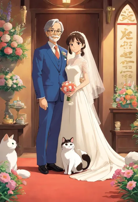 （Poster design）Wedding poster，The bride and groom hold a Siamese cat