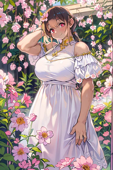 Best Quality, masutepiece, Ultra High Resolution (Photorealistic: 1.4), Raw photo, 1 girl, White Dress, Bare shoulders, A pink flower garden blooms profusely, Glowing skin, slight smile,huge-breasted、bbw,Large Thigh